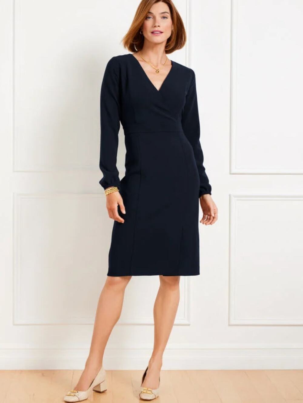 Talbots Easy Travel Long Sleeve Dress Navy Blue 14 Petite Sheath Office Career
